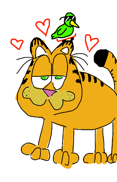 a digital drawing of stanley in the style of garfield. he has a skateboarding green bird on his ear and red hearts in the air above his head